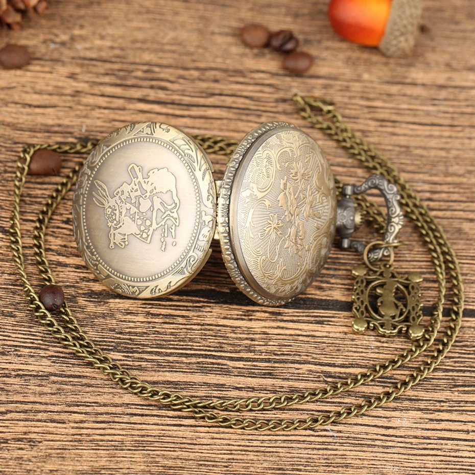 Bronze Women Watches Cute Rabbit Quartz Pocket Watch Pendant Necklace Chain Clock Girls Kids Gifts with Carousel Accessory