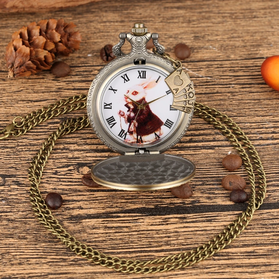 Bronze Women Watches Cute Rabbit Quartz Pocket Watch Pendant Necklace Chain Clock Girls Kids Gifts with Carousel Accessory