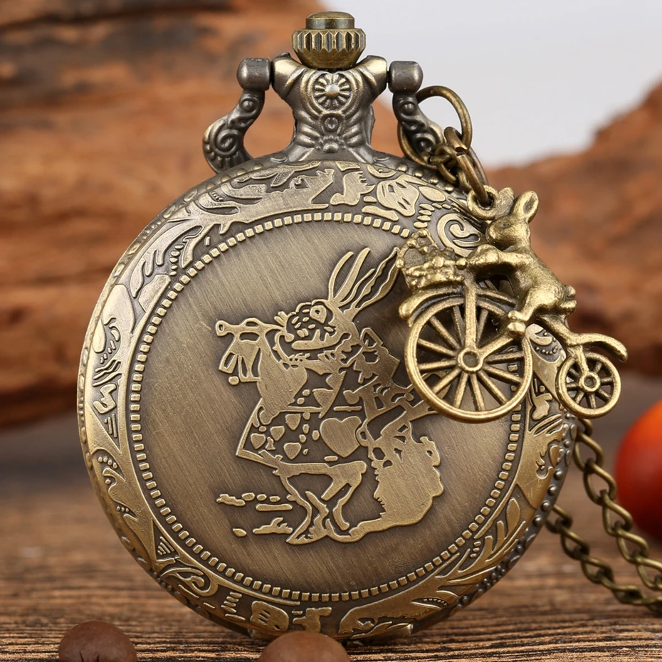 Bronze Women Watches Cute Rabbit Quartz Pocket Watch Pendant Necklace Chain Clock Girls Kids Gifts with Carousel Accessory
