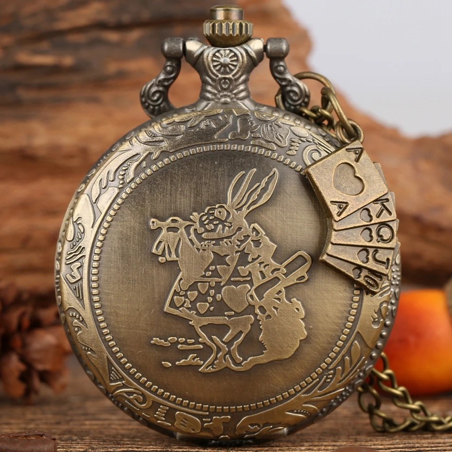 Bronze Women Watches Cute Rabbit Quartz Pocket Watch Pendant Necklace Chain Clock Girls Kids Gifts with Carousel Accessory