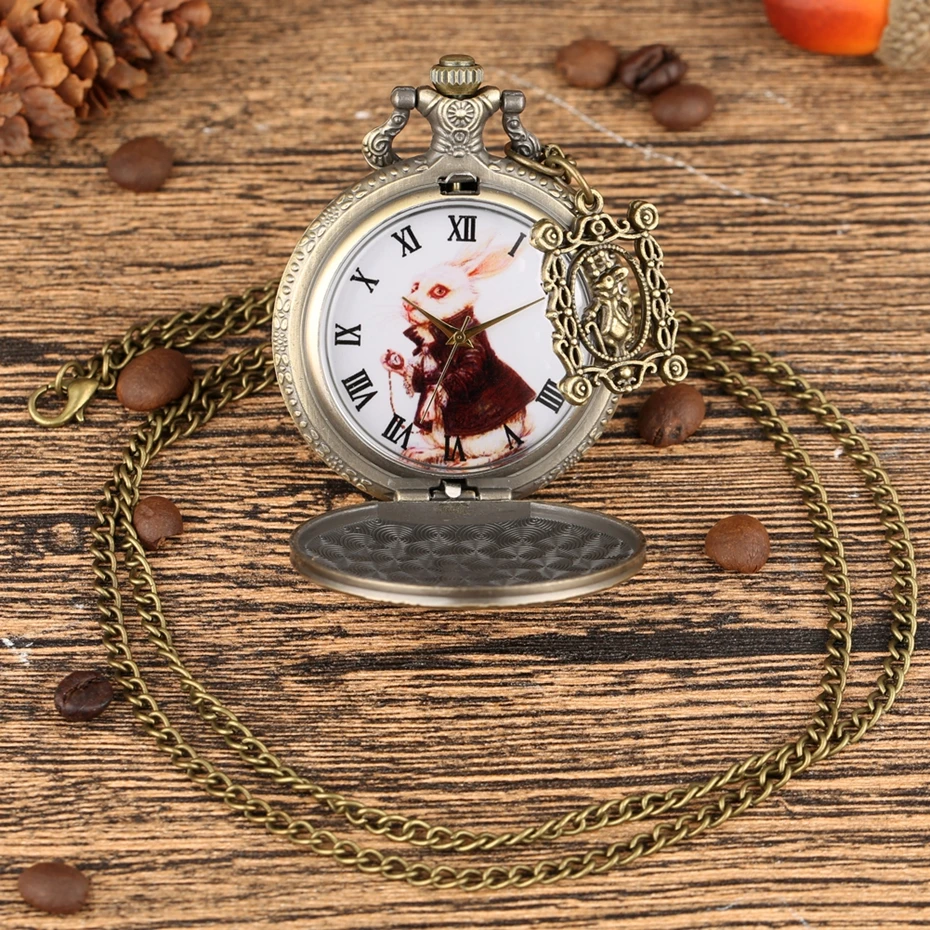 Bronze Women Watches Cute Rabbit Quartz Pocket Watch Pendant Necklace Chain Clock Girls Kids Gifts with Carousel Accessory