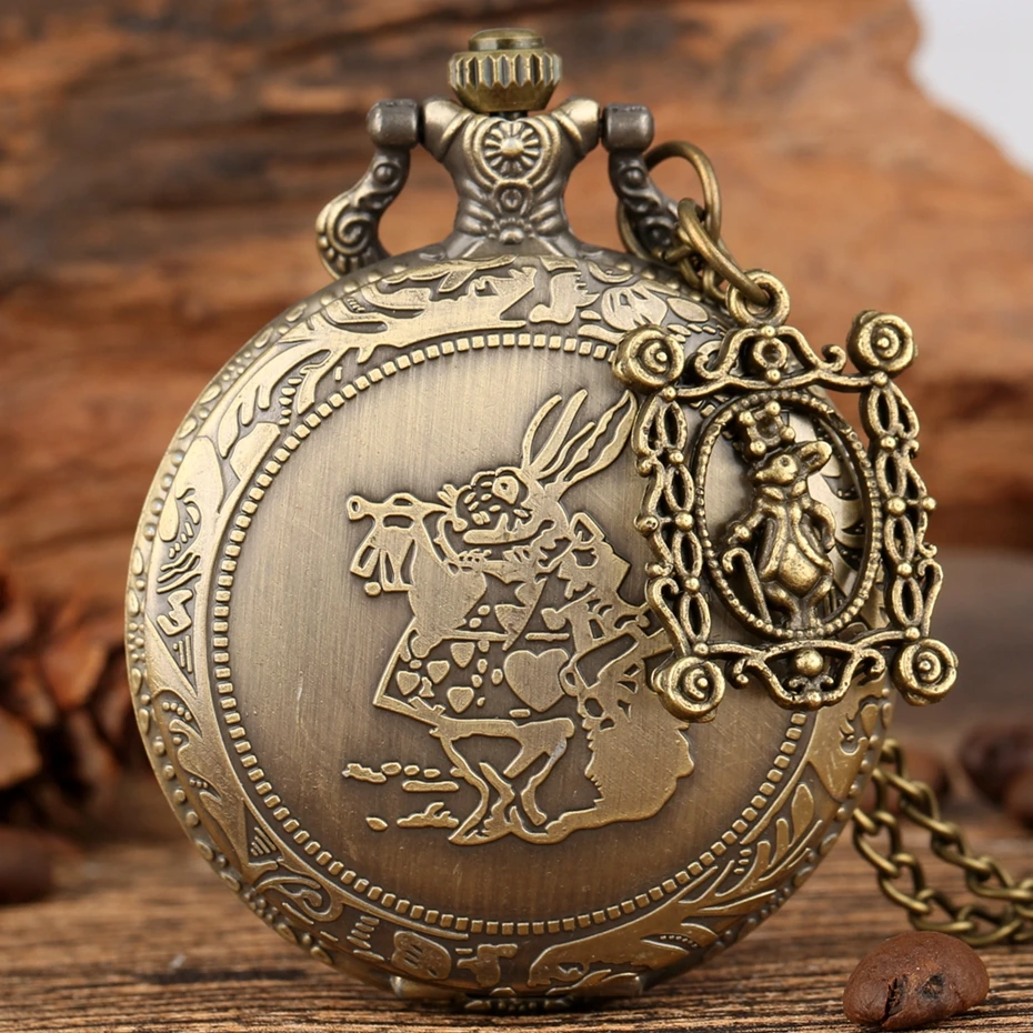 Bronze Women Watches Cute Rabbit Quartz Pocket Watch Pendant Necklace Chain Clock Girls Kids Gifts with Carousel Accessory