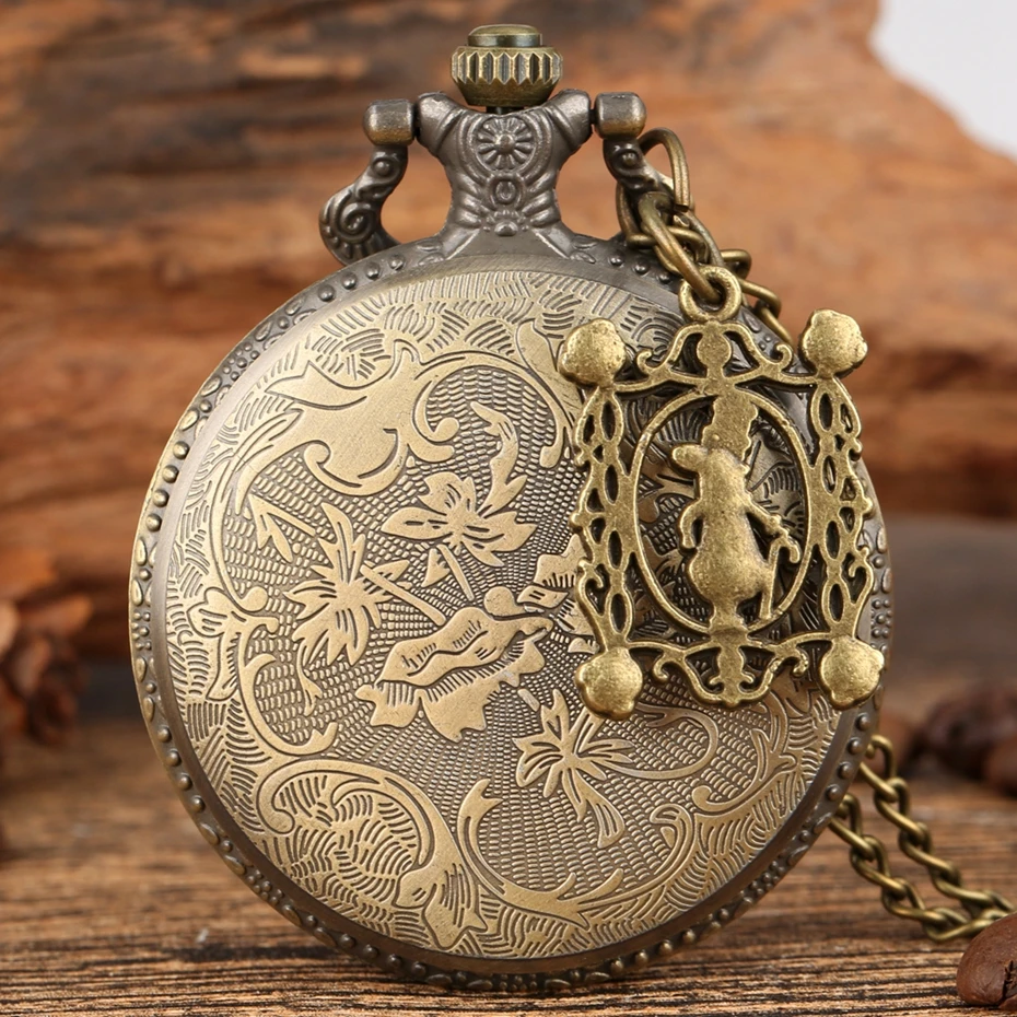 Bronze Women Watches Cute Rabbit Quartz Pocket Watch Pendant Necklace Chain Clock Girls Kids Gifts with Carousel Accessory