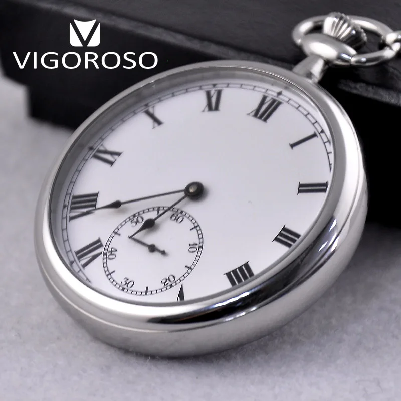 VIGOROSO Waterproof Luxury Smooth Stainless Full Steel Mechanical Pocket Watch Wind Up Sub-dial Skeleton Vintage Antique Clock