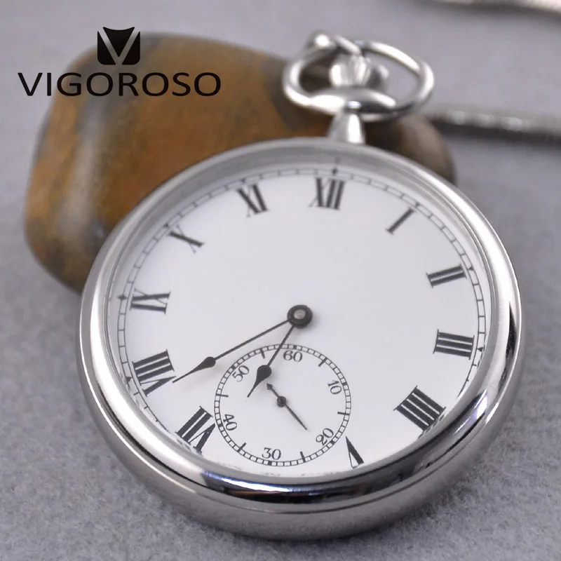 VIGOROSO Waterproof Luxury Smooth Stainless Full Steel Mechanical Pocket Watch Wind Up Sub-dial Skeleton Vintage Antique Clock