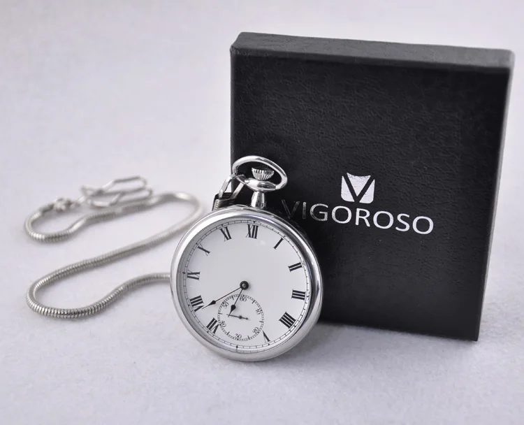 VIGOROSO Waterproof Luxury Smooth Stainless Full Steel Mechanical Pocket Watch Wind Up Sub-dial Skeleton Vintage Antique Clock
