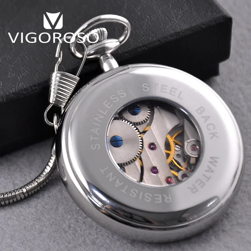 VIGOROSO Waterproof Luxury Smooth Stainless Full Steel Mechanical Pocket Watch Wind Up Sub-dial Skeleton Vintage Antique Clock