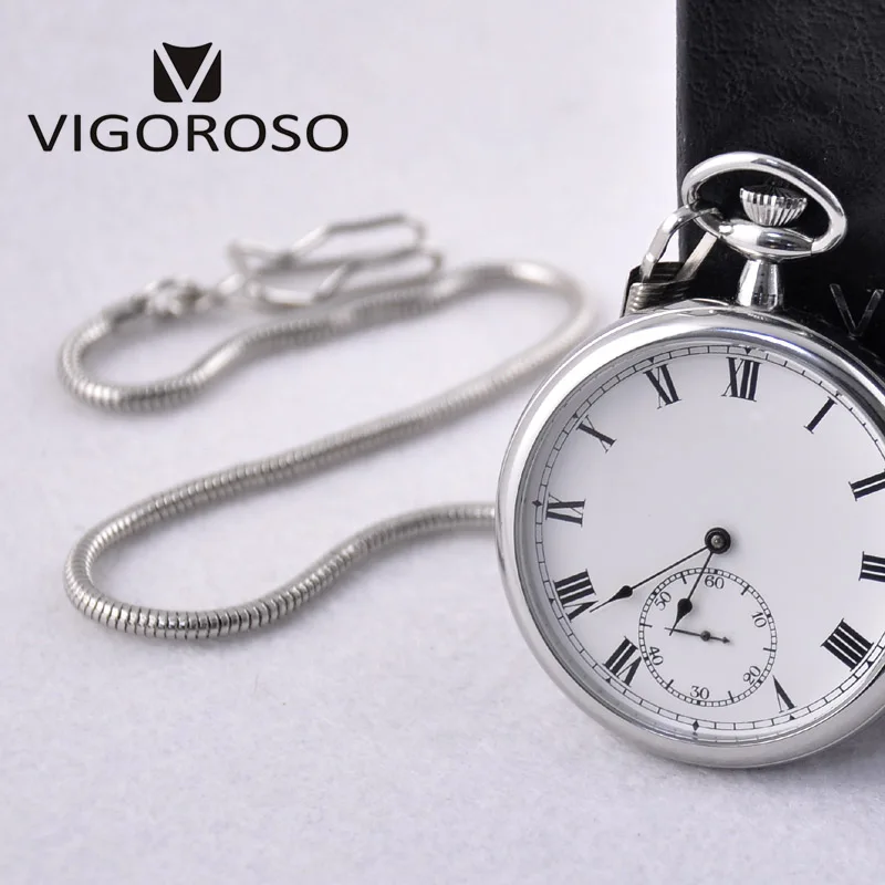 VIGOROSO Waterproof Luxury Smooth Stainless Full Steel Mechanical Pocket Watch Wind Up Sub-dial Skeleton Vintage Antique Clock