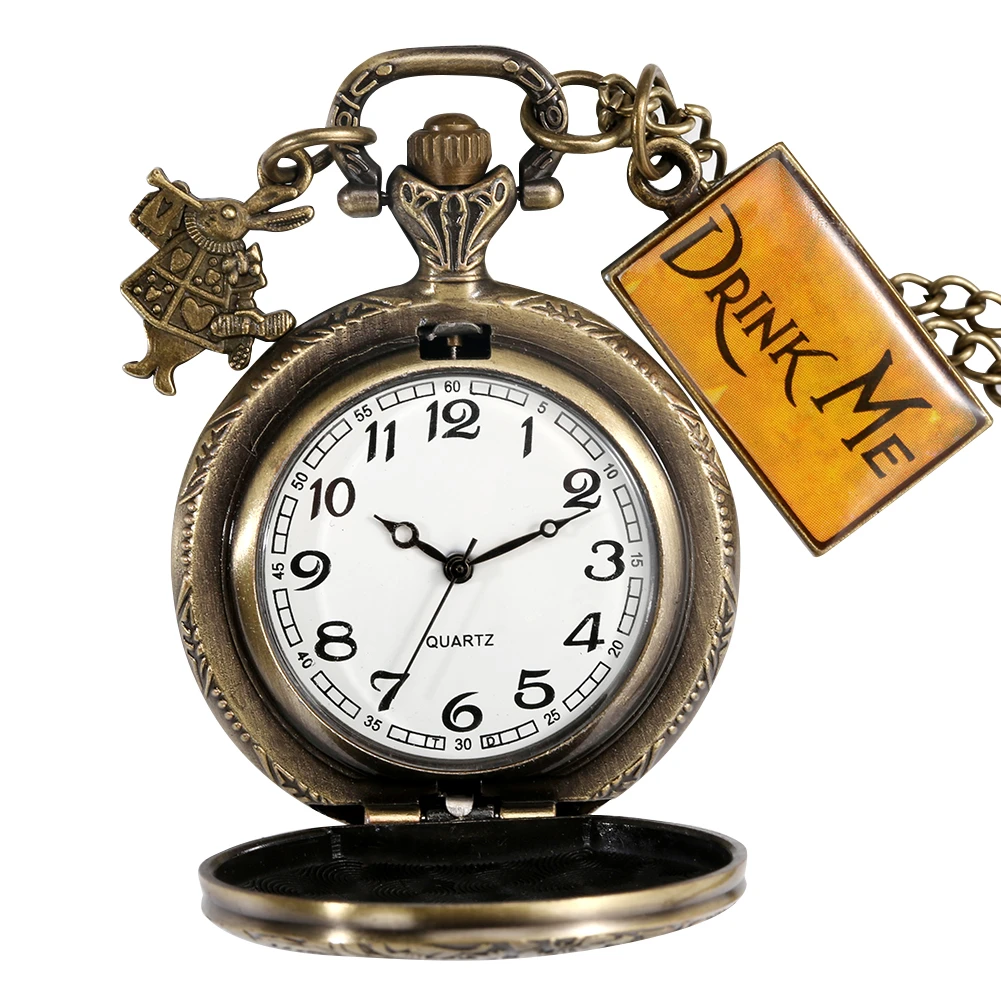 Retro Girl Pocket Watch Bronze Rabbbit Pendant Quartz Fob Watches Gift for Women Kid Necklace Chain Clock Arabic Numerals Reloje