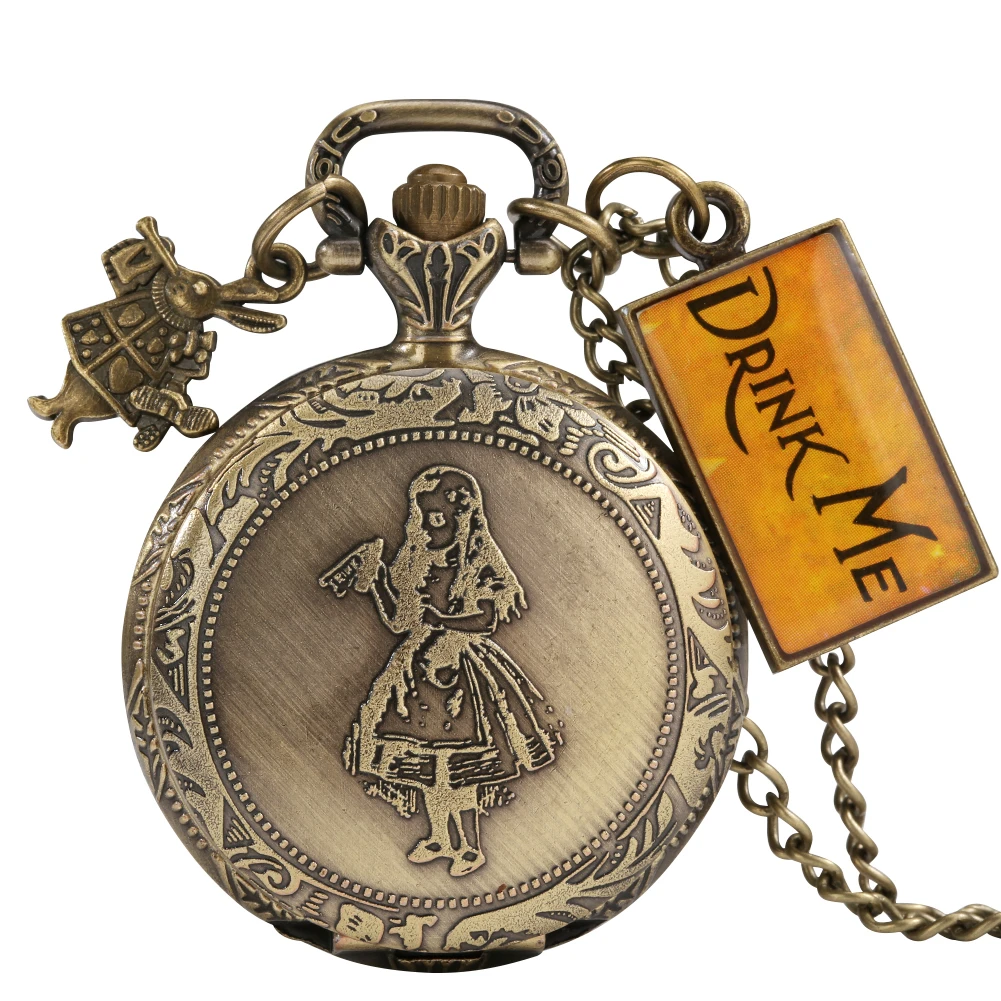 Retro Girl Pocket Watch Bronze Rabbbit Pendant Quartz Fob Watches Gift for Women Kid Necklace Chain Clock Arabic Numerals Reloje