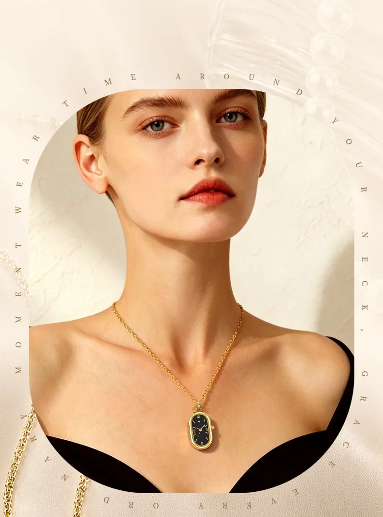 Women's Pendant Watch Oval Necklace Elegant Quartz Pocket Watch Fashion Jewelry Luxurious and Compact Valentine's Day Gift