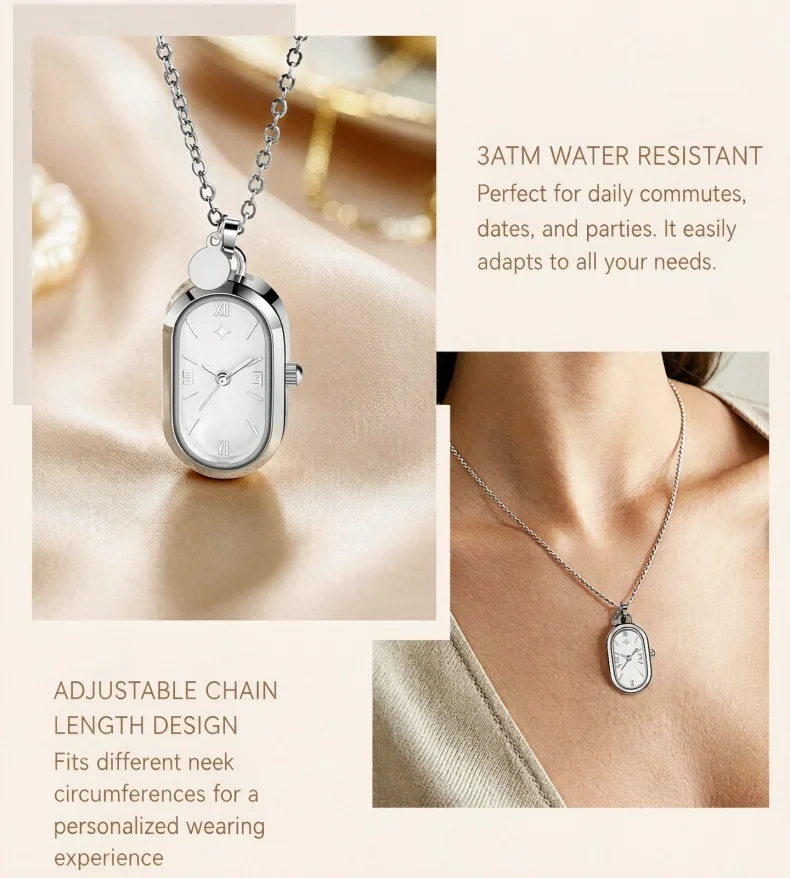 Women's Pendant Watch Oval Necklace Elegant Quartz Pocket Watch Fashion Jewelry Luxurious and Compact Valentine's Day Gift