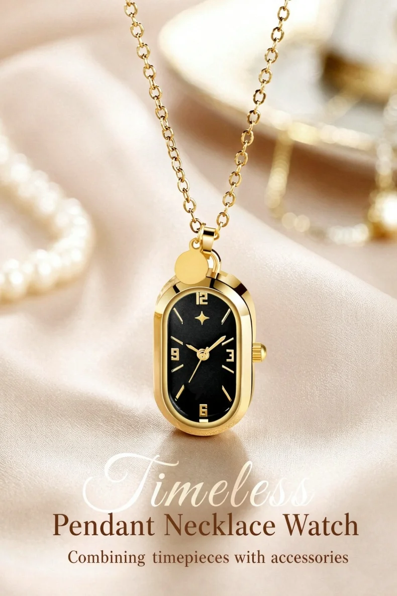 Women's Pendant Watch Oval Necklace Elegant Quartz Pocket Watch Fashion Jewelry Luxurious and Compact Valentine's Day Gift