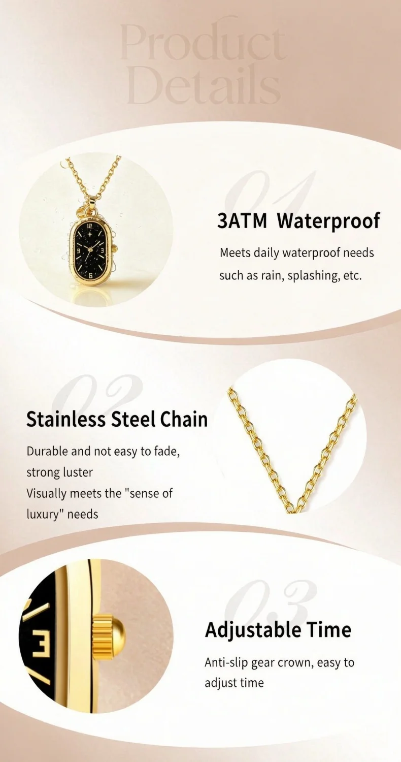 Women's Pendant Watch Oval Necklace Elegant Quartz Pocket Watch Fashion Jewelry Luxurious and Compact Valentine's Day Gift