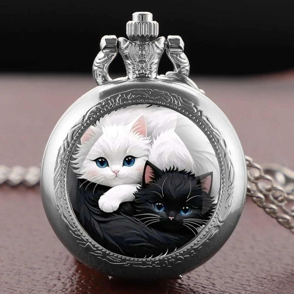 Yin Yang Cats Glass Dome Pocket Watch Arabic Numerals Vintage Gift Women's Necklace Pendant Clock Men's Watch Souvenirs Gifts