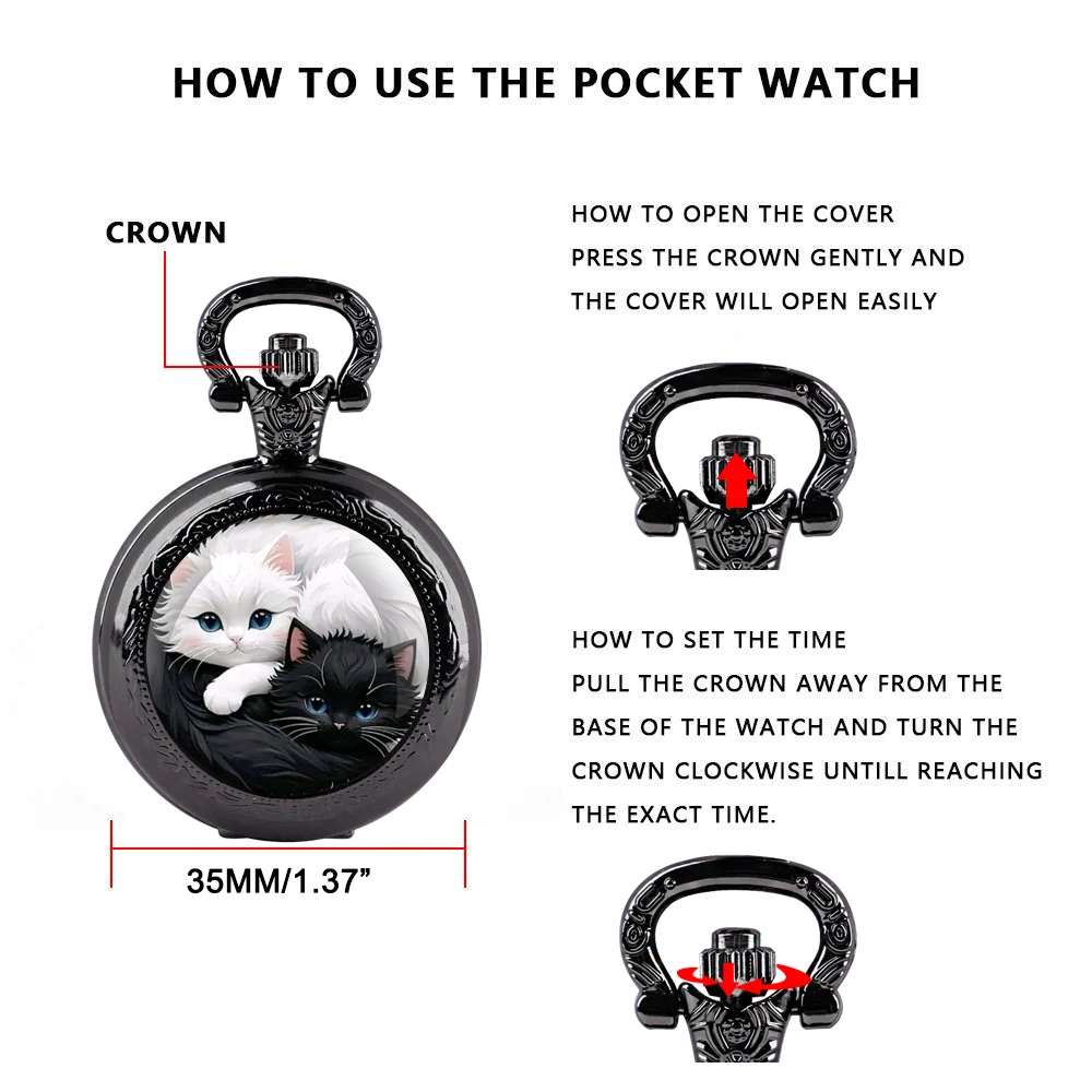 Yin Yang Cats Glass Dome Pocket Watch Arabic Numerals Vintage Gift Women's Necklace Pendant Clock Men's Watch Souvenirs Gifts