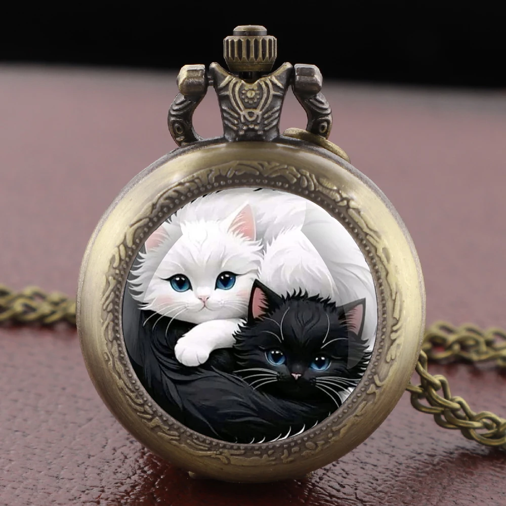 Yin Yang Cats Glass Dome Pocket Watch Arabic Numerals Vintage Gift Women's Necklace Pendant Clock Men's Watch Souvenirs Gifts