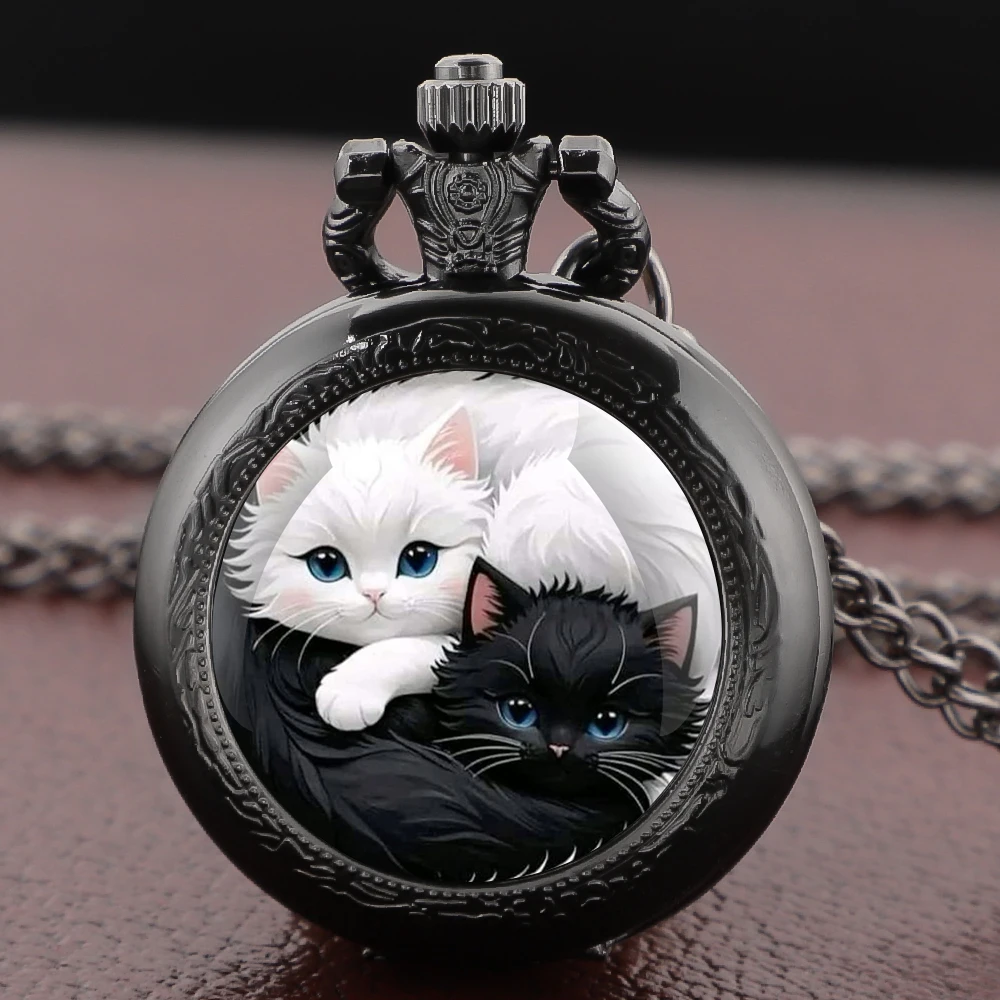 Yin Yang Cats Glass Dome Pocket Watch Arabic Numerals Vintage Gift Women's Necklace Pendant Clock Men's Watch Souvenirs Gifts