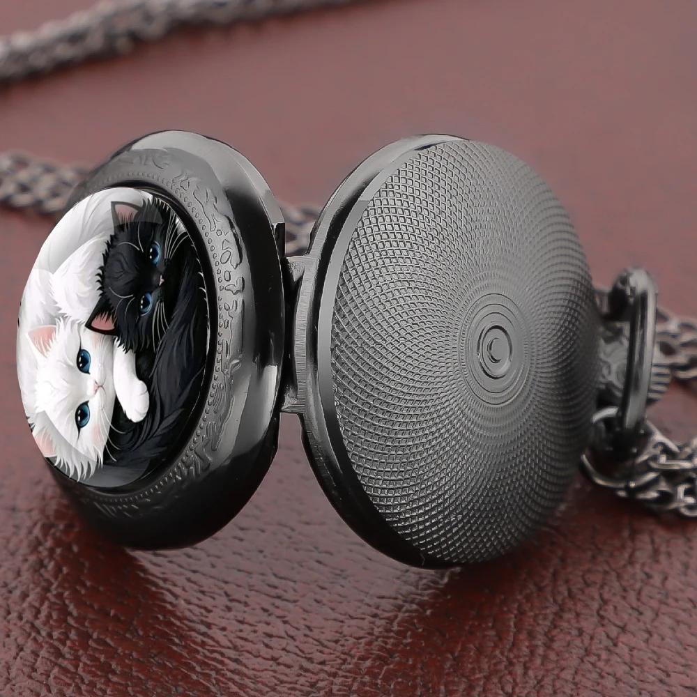 Yin Yang Cats Glass Dome Pocket Watch Arabic Numerals Vintage Gift Women's Necklace Pendant Clock Men's Watch Souvenirs Gifts