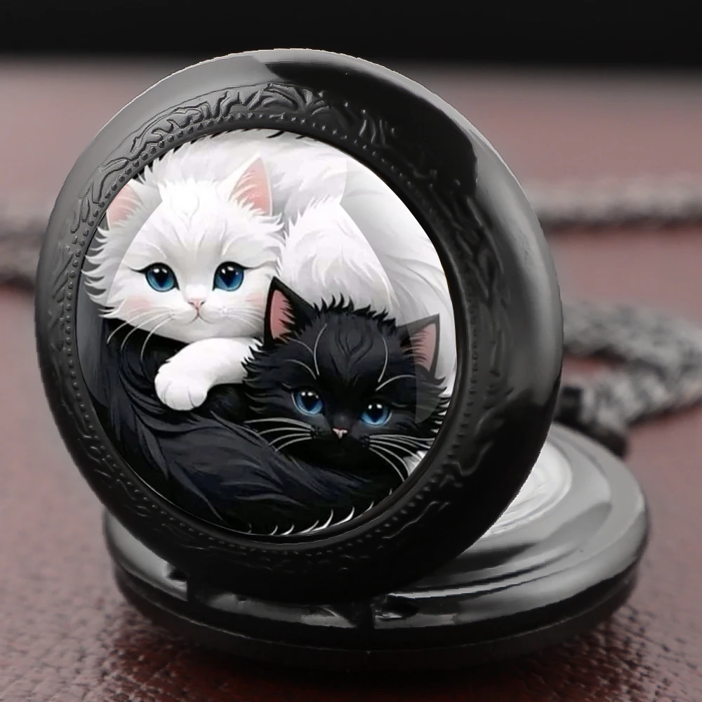 Yin Yang Cats Glass Dome Pocket Watch Arabic Numerals Vintage Gift Women's Necklace Pendant Clock Men's Watch Souvenirs Gifts