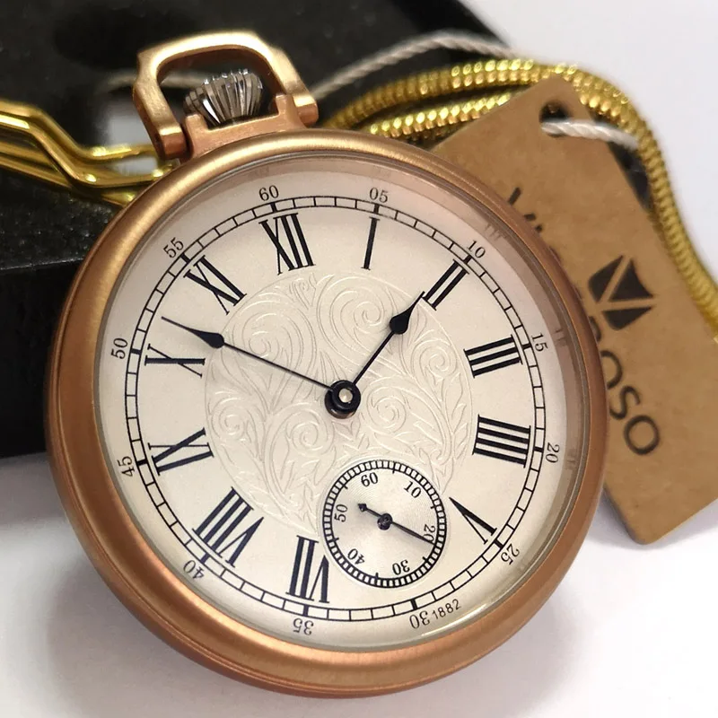 Rose Gold 316L Stainless Steel Waterproof Pocket Watch Mechanical Movement Antique Vintage Luxury VOGOROSO Watch with Chain&Box