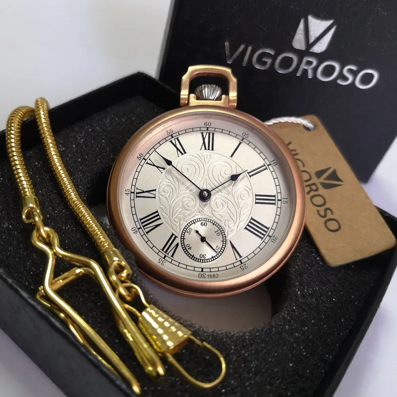 Rose Gold 316L Stainless Steel Waterproof Pocket Watch Mechanical Movement Antique Vintage Luxury VOGOROSO Watch with Chain&Box