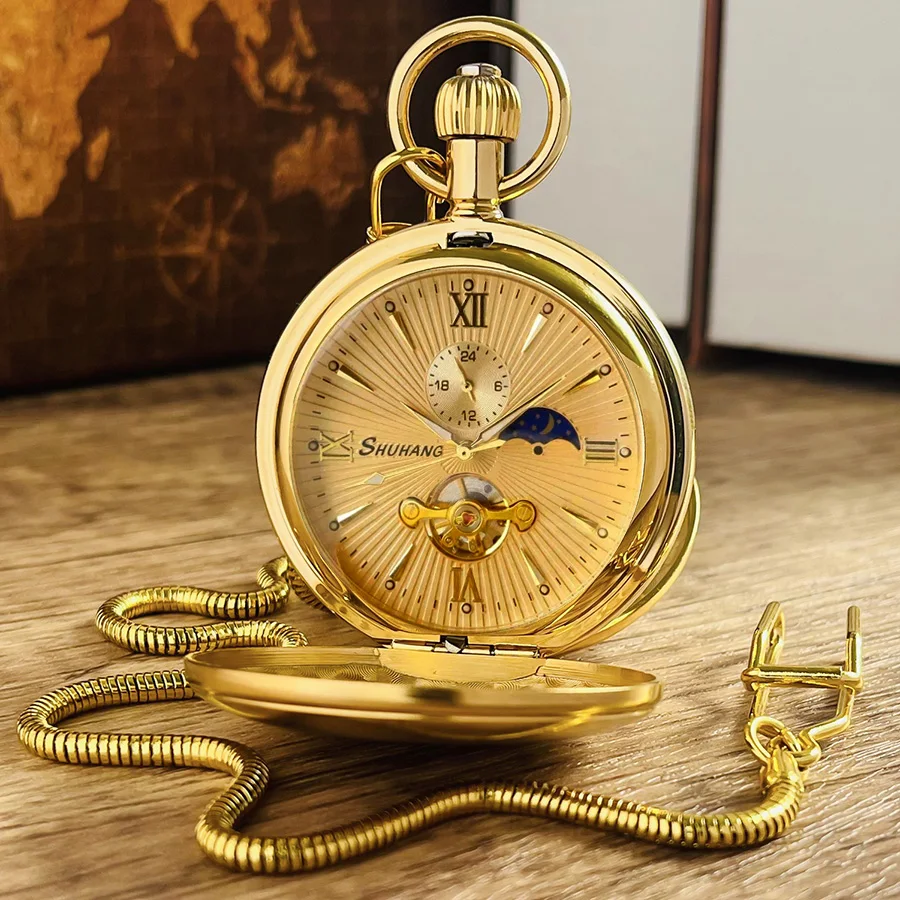 Luxury Smooth Golden Stainless Steel Mechanical Pocket Watch with Chain Fob Watch Tourbillon Moon-phase 24 Hours Sub-dial