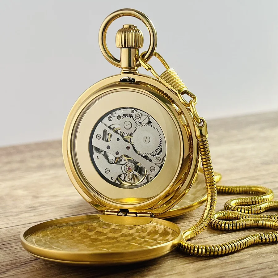 Luxury Smooth Golden Stainless Steel Mechanical Pocket Watch with Chain Fob Watch Tourbillon Moon-phase 24 Hours Sub-dial