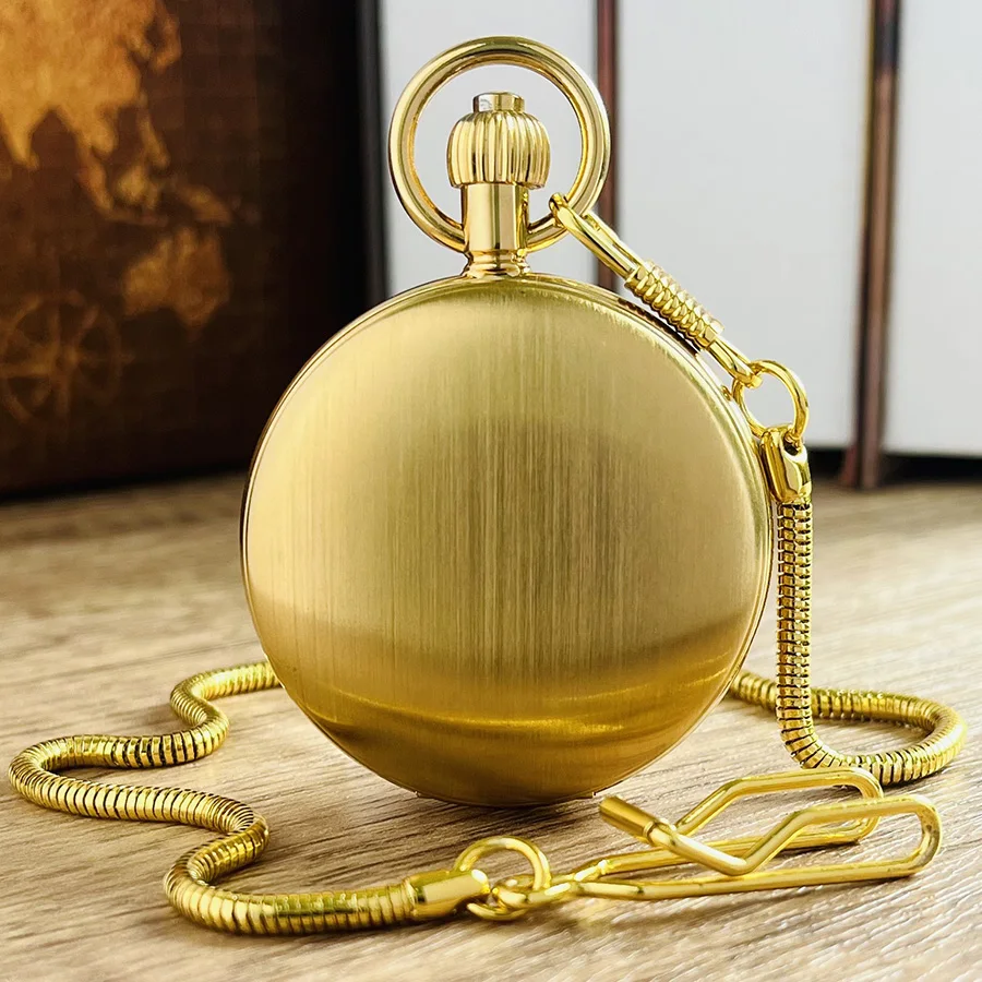 Luxury Smooth Golden Stainless Steel Mechanical Pocket Watch with Chain Fob Watch Tourbillon Moon-phase 24 Hours Sub-dial