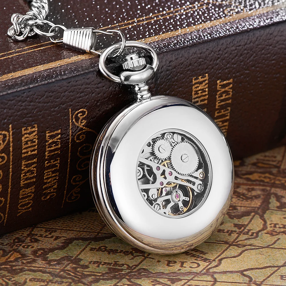 New OYW Brand Stainless Steel Men Fashion Casual Pocket Watch Skeleton Dial Silver Hand Wind Mechanical Male Fob Chain Watches