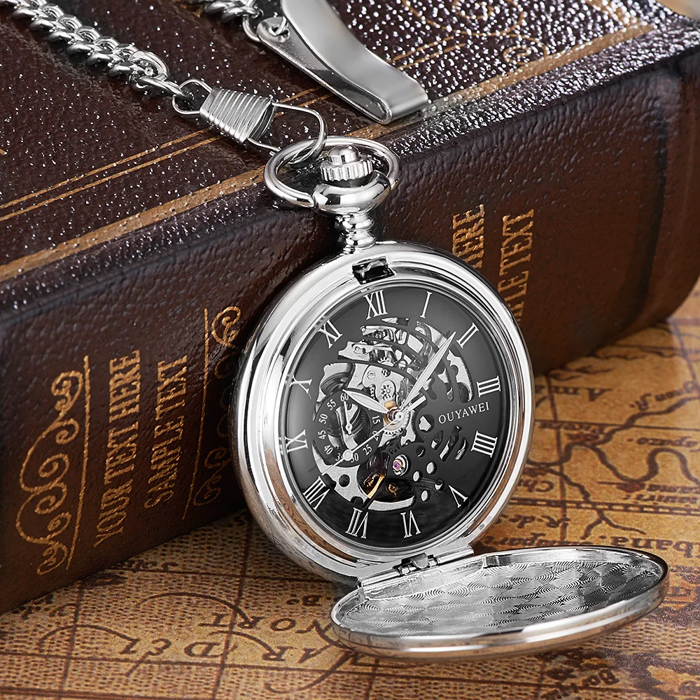 New OYW Brand Stainless Steel Men Fashion Casual Pocket Watch Skeleton Dial Silver Hand Wind Mechanical Male Fob Chain Watches