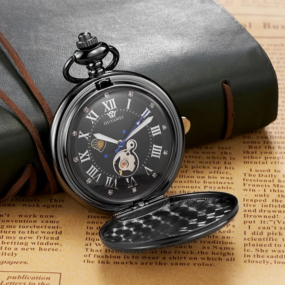 New OYW Brand Stainless Steel Men Fashion Casual Pocket Watch Skeleton Dial Silver Hand Wind Mechanical Male Fob Chain Watches