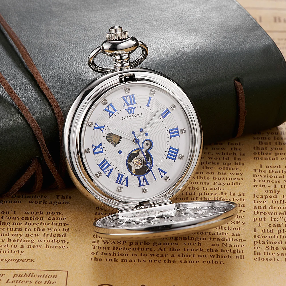 New OYW Brand Stainless Steel Men Fashion Casual Pocket Watch Skeleton Dial Silver Hand Wind Mechanical Male Fob Chain Watches