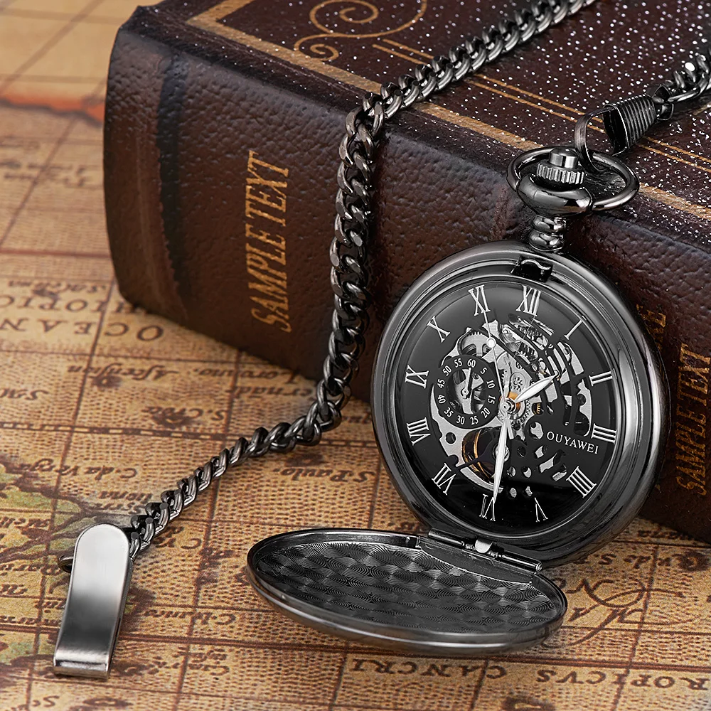 New OYW Brand Stainless Steel Men Fashion Casual Pocket Watch Skeleton Dial Silver Hand Wind Mechanical Male Fob Chain Watches