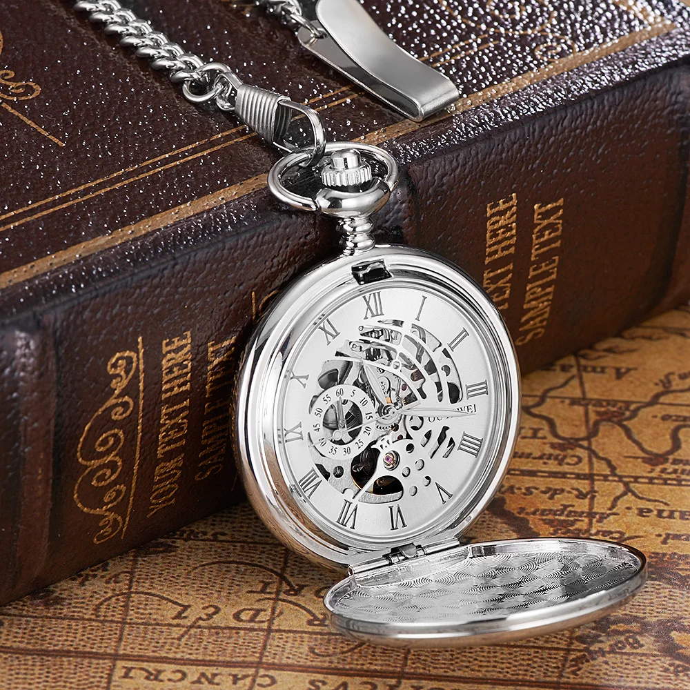 New OYW Brand Stainless Steel Men Fashion Casual Pocket Watch Skeleton Dial Silver Hand Wind Mechanical Male Fob Chain Watches