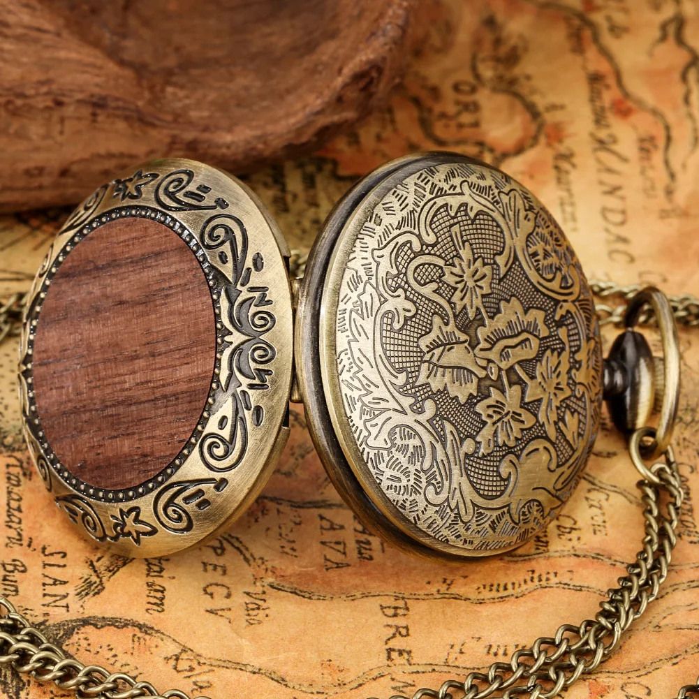 Multi‑Style Embossed Carved Alloy Pocket Watch Vintage Wood Decor Classic Quartz Pocket Watch Pendant Pocket Watch Gift Unisex