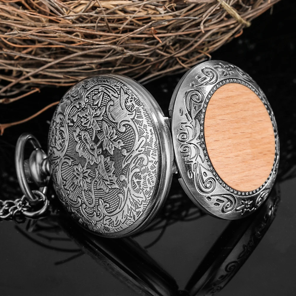 Multi‑Style Embossed Carved Alloy Pocket Watch Vintage Wood Decor Classic Quartz Pocket Watch Pendant Pocket Watch Gift Unisex
