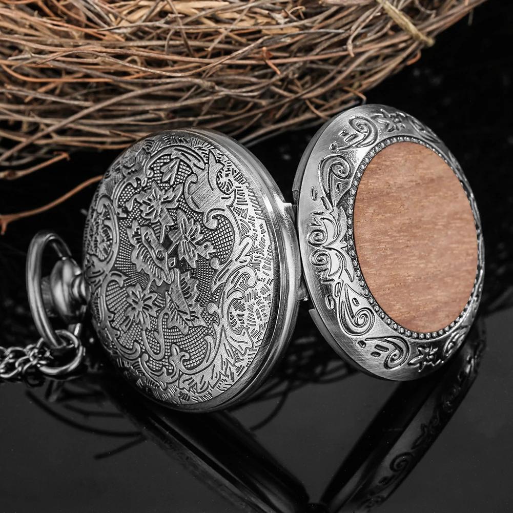 Multi‑Style Embossed Carved Alloy Pocket Watch Vintage Wood Decor Classic Quartz Pocket Watch Pendant Pocket Watch Gift Unisex