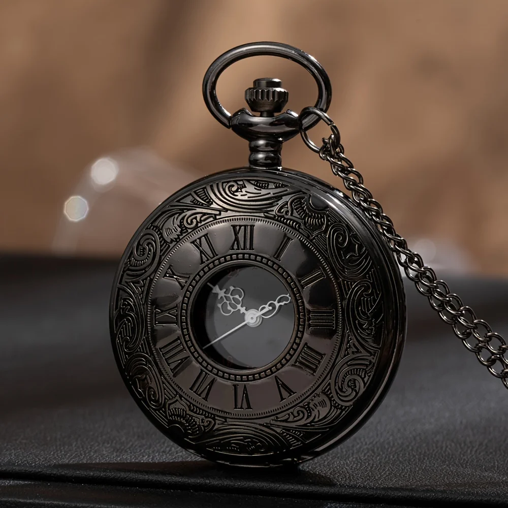 Black Bronze Roman Scale Display Pocket Watch Quartz Relogio Vintage Exquisite Pocketwatch With Necklace Chain Gift Clock