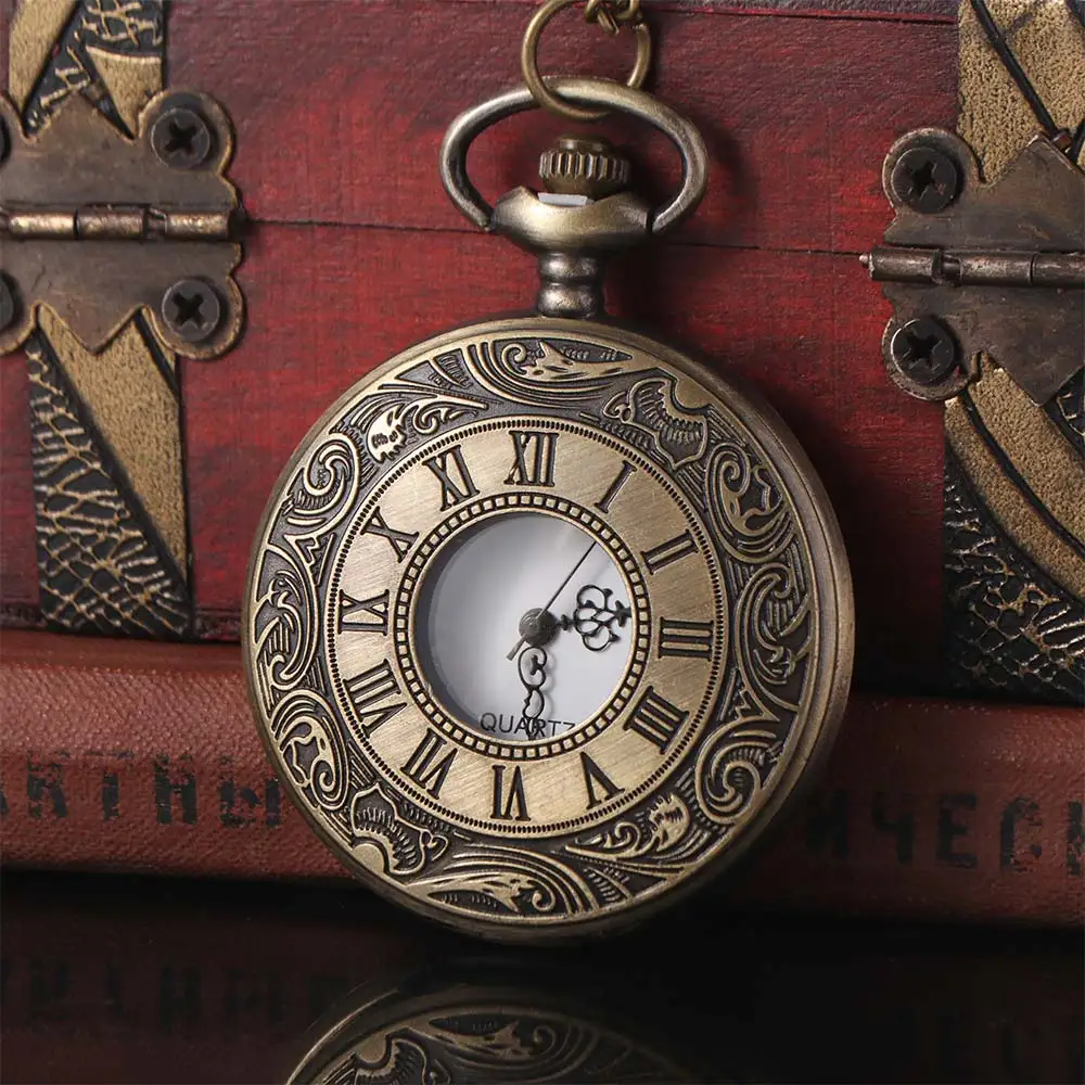 Roman Scale Display Vintage Pocket Watch Quartz Pendant Necklace Chain Bronze Chain Clock Silver Leisure Retro Hanging Watch