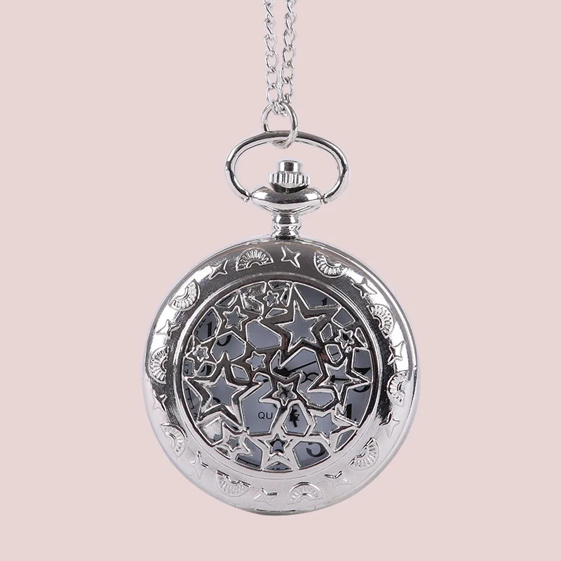 Silver Fine Chain Large Starry Hollow Classical Pocket Watch With Five Pointed Star Relief Hollow Retro Silver Pocket Watch