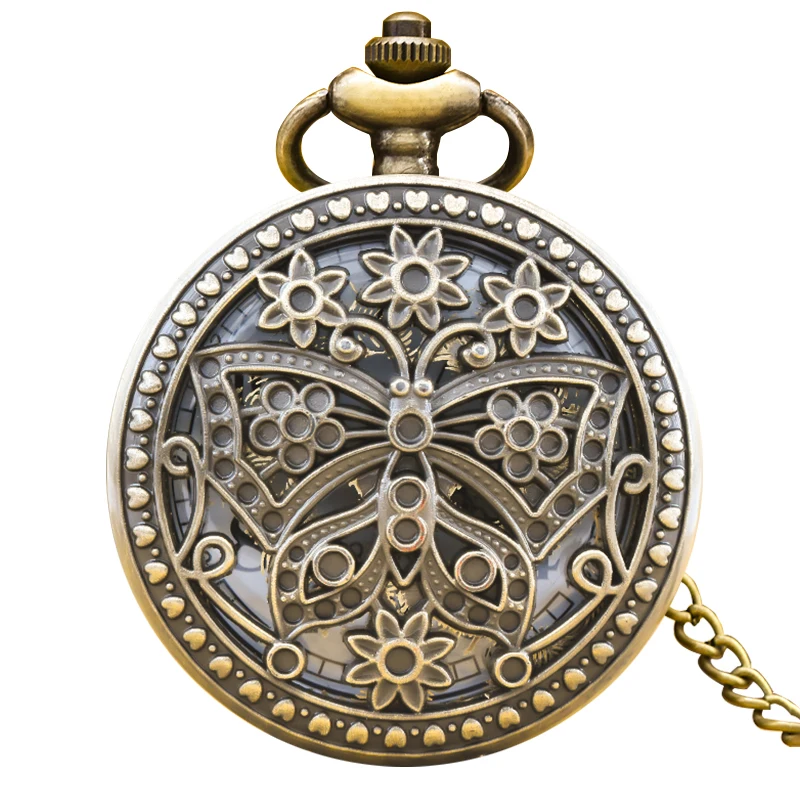 Vintage Bronze Steampunk Butterfly And Flower Cutout Carved Quartz Pocket Watch Necklace Pendant Clock Chain Men Women ChainGift