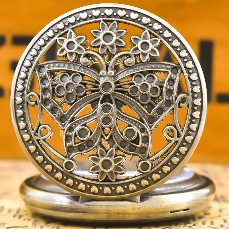 Vintage Bronze Steampunk Butterfly And Flower Cutout Carved Quartz Pocket Watch Necklace Pendant Clock Chain Men Women ChainGift