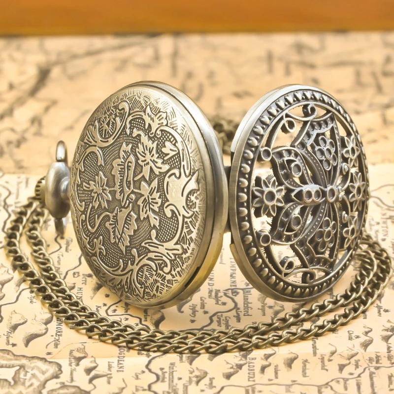 Vintage Bronze Steampunk Butterfly And Flower Cutout Carved Quartz Pocket Watch Necklace Pendant Clock Chain Men Women ChainGift
