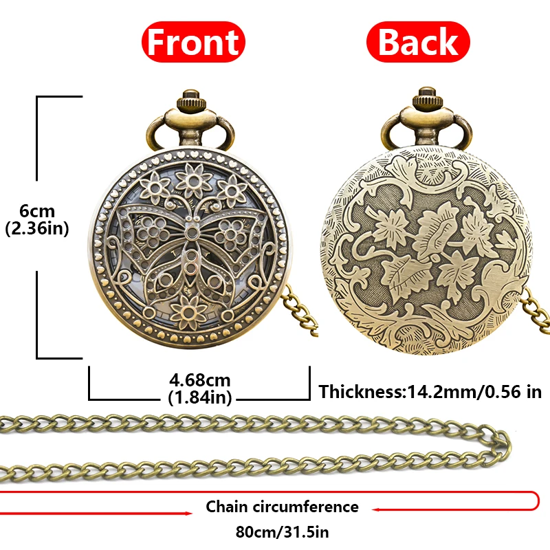 Vintage Bronze Steampunk Butterfly And Flower Cutout Carved Quartz Pocket Watch Necklace Pendant Clock Chain Men Women ChainGift