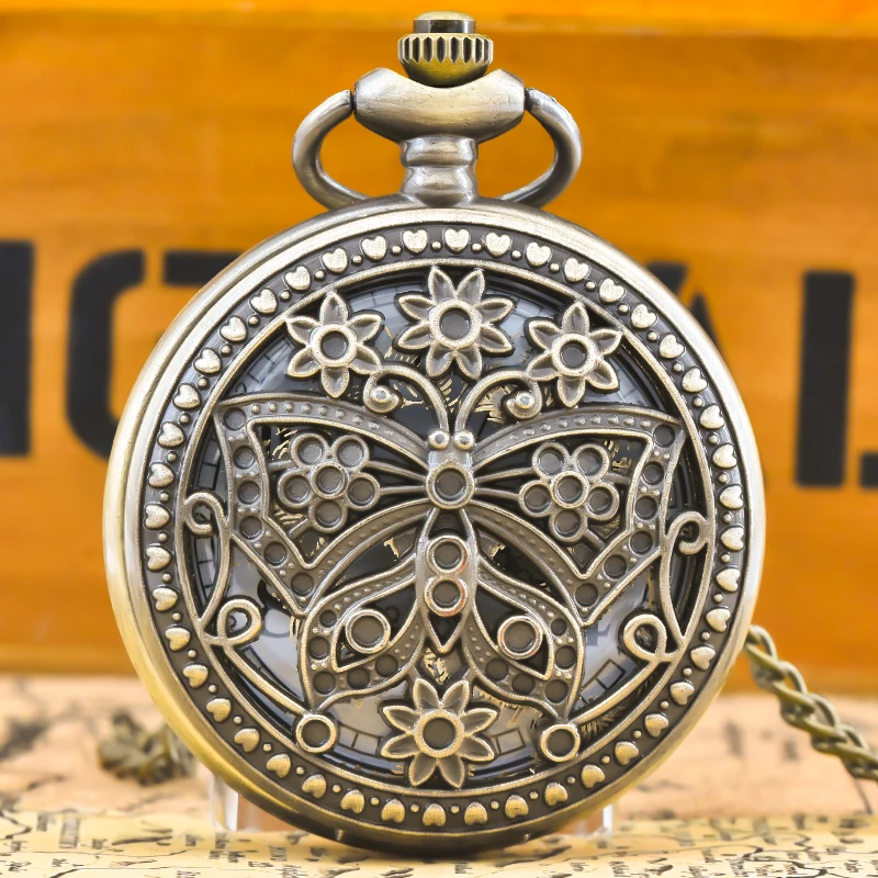 Vintage Bronze Steampunk Butterfly And Flower Cutout Carved Quartz Pocket Watch Necklace Pendant Clock Chain Men Women ChainGift