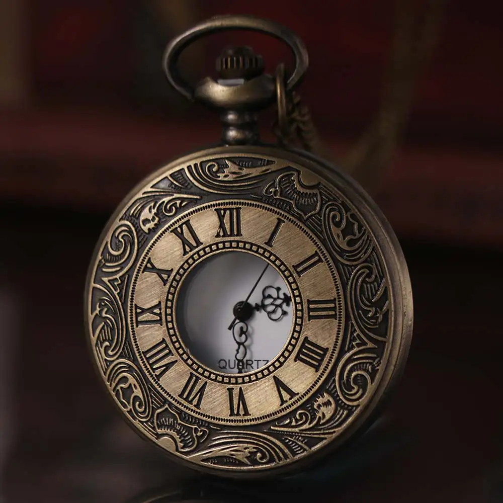 Roman Scale Display Vintage Pocket Watch Quartz Pendant Necklace Chain Bronze Chain Clock Antique Silver Retro Hanging Watch
