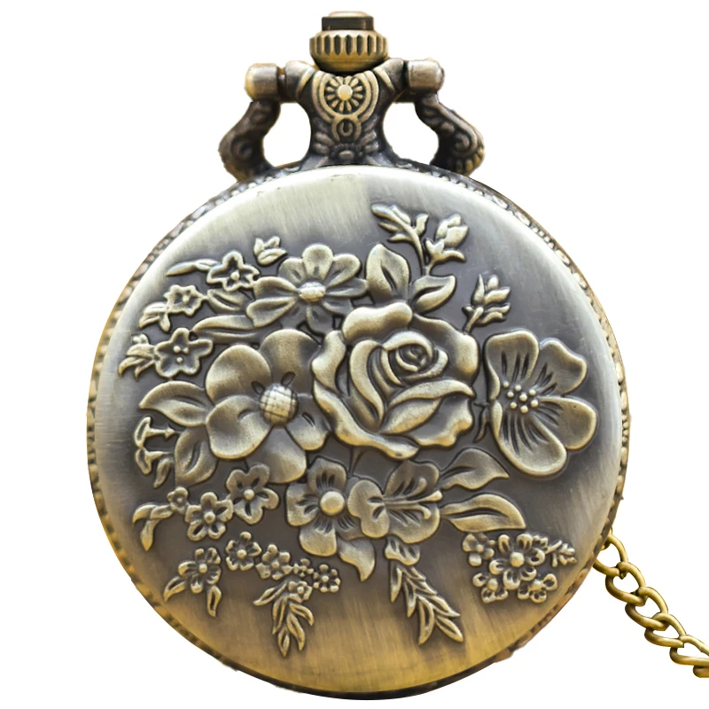 Vintage Bronze Clamshell Flower Carved Necklace Quartz Pocket Watch Fashion Jewelry Gift For Ladies Gift