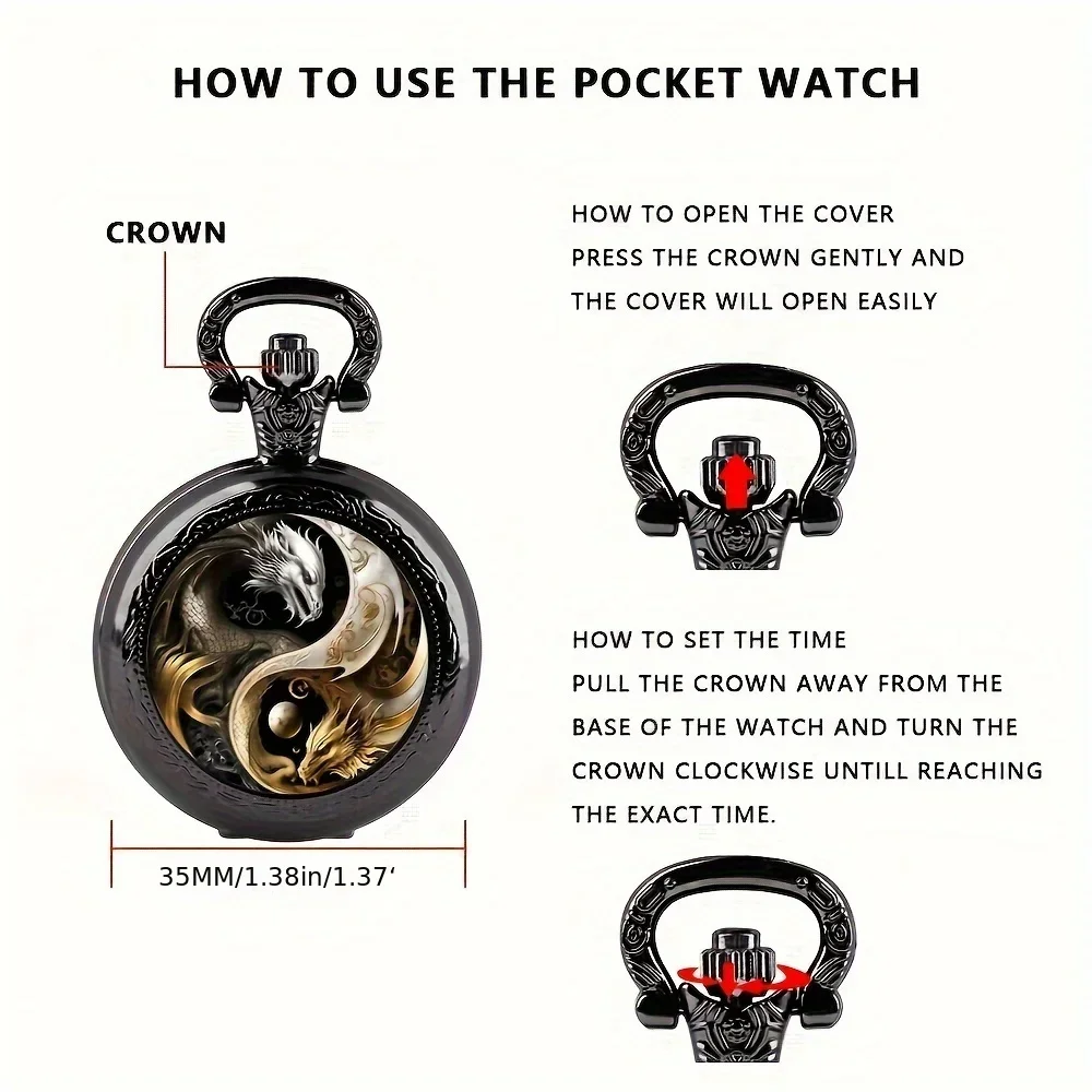 Vintage Chinese Yin‑Yang Dragon Quartz Pocket Watch, Exquisite Pocket Watch with Chain Necklace, Collectible Pendant Clock Gift