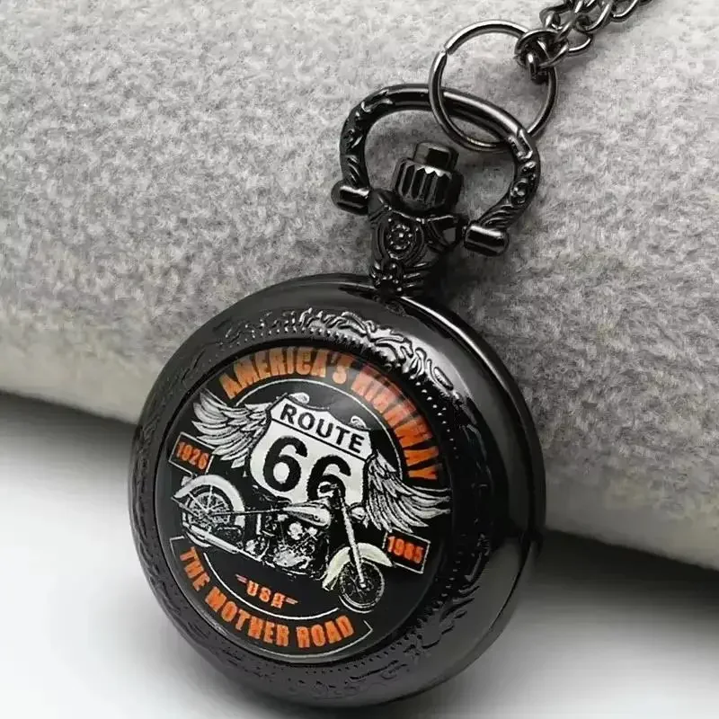 Vintage Route 66 Motorcycle Pocket Watch America's Highway The Mother Road Quartz Pocket Watch With Chain Antique Pendant Clock